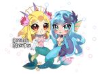  2girls biyon_tran black_sclera blonde_hair blue_eyes blue_hair breasts chibi chibi_only closed_mouth colored_sclera commentary cosplay costume_switch english_commentary hair_intakes hair_ornament holding_hands indie_virtual_youtuber intertwined_tails large_breasts league_of_legends long_hair looking_at_viewer mermaid monster_girl multiple_girls nami_(league_of_legends) nami_(league_of_legends)_(cosplay) open_mouth red_eyes shellsea_allura smile virtual_youtuber white_background 