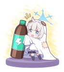  1girl :d black_skirt blue_archive blue_eyes blue_halo bottle button_eyes buttons chibi commentary_request energy_drink flying_sweatdrops ghost_costume grey_hair halo harada_(sansei_rain) highres lightning_bolt_symbol maia_(blue_archive) miniskirt notice_lines open_mouth short_hair skirt smile solo standing 