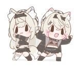  2girls :3 :d absurdres animal_ear_fluff animal_ears asymmetrical_footwear bare_shoulders black_boots black_hairband black_jacket black_shirt black_skirt blonde_hair blue_streaks blush_stickers boots chibi chibi_only closed_mouth commentary crop_top cropped_shirt crossed_bangs dog_ears dog_girl dog_tail double-parted_bangs elbow_gloves english_commentary fake_horns fingerless_gloves full_body fuwawa_abyssgard gloves hair_between_eyes hairband hat highres hololive hololive_english horn_hairband horns jacket long_hair long_sleeves midriff mismatched_footwear mococo_abyssgard multicolored_hair multiple_girls navel open_clothes open_jacket open_mouth outstretched_arm outstretched_arms pink_streaks pleated_skirt shirt short_hair simple_background skirt sleeveless sleeveless_shirt smile snowmya spread_arms standing streaked_hair tail virtual_youtuber white_background white_boots white_hat 