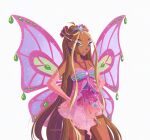  1girl ahoge babydoll bare_shoulders blonde_streaks breasts brown_hair collarbone colored_bangs colored_lineart commentary cowboy_shot double_bun dress earrings elbow_gloves enchantix english_commentary eyelashes eyeshadow fairy fairy_wings flora_(winx_club) floral_dress gem glitter_dress gloves gradient_clothes gradient_dress gradient_wings green_dress green_eyes green_gem green_wings hair_bun half_up_bun halter_dress halterneck hands_on_own_hips highres iridescenttidez jewelry lipstick long_bangs long_hair looking_ahead makeup multicolored_dress multicolored_hair multicolored_wings parted_lips pearl_(gemstone) pearl_earrings pearl_hair_ornament pink_dress pink_eyeshadow pink_gloves pink_lips pink_wings purple_dress purple_wings silver_tiara simple_background small_breasts solo standing straight_hair streaked_hair tan teeth two-tone_hair very_long_hair white_background wings winx_club 