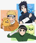  3boys bandaged_arm bandages black_eyes black_hair black_shirt blonde_hair blue_hair bodysuit bowl_cut browt closed_mouth commentary_request cropped_torso crossover facial_mark forehead_protector gecqua green_bodysuit highres holding holding_pokemon jacket konohagakure_symbol loshey male_focus multiple_boys naruto_(classic) naruto_(series) on_shoulder open_mouth orange_jacket pokemon pokemon_(creature) pokemon_on_shoulder pombon rock_lee shirt smile spiked_hair teeth thick_eyebrows tongue tongue_out translation_request twitter_username uchiha_sasuke upper_body uzumaki_naruto whisker_markings 