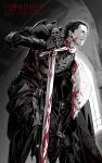  1boy agravain_(fate) arm_at_side black_hair bleeding blood blood_on_armor blood_on_clothes blood_on_neck blood_on_weapon cape chiamo_(lmc_clm) commentary commission dated fate/grand_order fate_(series) fur-trimmed_cape fur-trimmed_collar fur_trim gauntlets highres holding holding_sword holding_weapon hunched_over injury looking_ahead male_focus short_hair side_cape solo sweat sword weapon window 