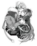  2boys absurdres ahoge arms_around_waist closed_eyes coat commentary_request flins_(genshin_impact) fur_trim genshin_impact gloves greyscale hands_on_another's_face highres illuga_(genshin_impact) jacket long_hair long_sleeves looking_at_another lysi_ism male_focus monochrome multiple_boys open_mouth short_hair smile teeth white_background yaoi 