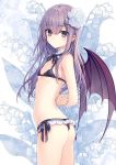  arms_behind_back ass bangs bare_shoulders bow bowtie bra closed_mouth commentary_request demon_girl demon_wings eyebrows_visible_through_hair fingernails flat_chest flower from_side hair_flower hair_ornament long_hair looking_at_viewer original panties purple_bra purple_eyes purple_hair purple_panties shiny shiny_hair side-tie_panties sidelocks simple_background solo thong underwear wings yashiro_seika 