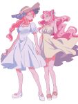  2girls ^_^ absurdres alternate_costume alternate_hairstyle arm_at_side arms_at_sides bad_id bad_lofter_id bag bare_arms bare_legs bare_shoulders blush bow braid braided_ponytail breasts bright_pupils brown_hat cherry_blossom_cookie closed_eyes closed_mouth collarbone colored_eyelashes cookie_run cookie_run:_ovenbreak cotton_candy_cookie double-parted_bangs dress earrings face-to-face facing_another flower footwear_flower frilled_sleeves frills from_below geruideyundongxie hair_behind_ear hair_between_eyes hair_bow hair_flower hair_horns hair_ornament hand_up handbag hat hat_flower heart heart-shaped_pupils heart_earrings heart_hair_ornament highres holding holding_bag holding_hands humanization jewelry legs_apart long_hair looking_at_another medium_dress multiple_girls parted_bangs pink_bag pink_eyes pink_flower pink_hair pink_trim platform_sandals puffy_short_sleeves puffy_sleeves sandals shoes short_sleeves simple_background single_braid sleeveless sleeveless_dress small_breasts smile spaghetti_strap straw_hat symbol-shaped_pupils toes very_long_hair white_background white_bow white_dress white_eyelashes white_sandals white_shoes yellow_dress 