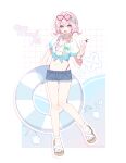  1girl absurdres adapted_costume bikini blue_eyes character_name commentary_request cropped_shirt cup denim denim_shorts drink eyewear_on_head full_body hair_ornament heart heart-shaped_eyewear highleg highleg_bikini highres holding holding_cup holding_swim_ring honkai:_star_rail honkai_(series) innertube jewelry march_7th_(honkai:_star_rail) midriff multicolored_eyes navel necklace open_mouth pink-framed_eyewear pink_eyes pink_pupils platform_sandals sandals shirt short_shorts short_sleeves shorts swim_ring swimsuit tied_shirt twitter_username two-tone_eyes uwasewau 