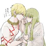  1boy 1other androgynous blonde_hair body_markings closed_mouth collarbone commentary_request earrings enkidu_(fate) eye_contact fate/grand_order fate_(series) gilgamesh_(fate) green_eyes green_hair hands_on_another's_arm jewelry komisabut looking_at_another motion_lines necklace red_eyes robe simple_background toned topless_male translation_request trembling upper_body white_background white_robe 