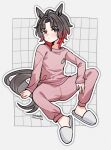  ahoge animal_ears blush brown_hair closed_mouth commentary_request gradient_hair highres horse_ears horse_girl long_sleeves looking_at_viewer multicolored_hair pajamas pants pink_pajamas pink_pants pink_shirt red_hair rose_kingdom_(umamusume) saramiao-chan shirt short_hair slippers two-tone_hair umamusume 