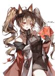  1girl absurdres angelina_(arknights) animal_ear_fluff animal_ears arknights arknights:_endfield bare_shoulders black_gloves breasts brown_hair chinese_commentary chinese_knot chinese_new_year coat collarbone commentary_request dot_nose dress elbow_gloves fox_ears fox_girl gilberta_(arknights) gloves grey_dress headpiece high_collar highres holding hongbao long_hair long_sleeves looking_at_viewer medium_breasts off_shoulder open_clothes open_coat open_mouth orange_eyes red_coat short_dress simple_background sleeveless sleeveless_dress solo tassel teeth tingzhiya twintails upper_teeth_only white_background 