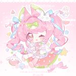  1girl ;d animal animal_ear_fluff animal_ears asymmetrical_footwear blue_ribbon blush bow bowtie chibi chibi_only dress full_body gradient_background green_bow hair_bow hair_intakes hair_ribbon heart highres long_hair long_sleeves looking_at_viewer mismatched_footwear one_eye_closed open_mouth original pink_background pink_bow pink_bowtie pink_eyes pink_hair pink_shoes pink_thighhighs rabbit rabbit_ears rabbit_girl ribbon shoes smile socks solo thighhighs twintails watermark white_dress white_socks yikemaohetao 