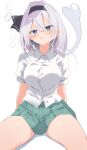  1girl @_@ absurdres black_hairband blue_eyes blush breasts collared_shirt commentary_request daru_(kumakumadon) green_skirt grey_hair hairband highres hitodama hypnosis konpaku_youmu konpaku_youmu_(ghost) large_breasts mind_control open_mouth pleated_skirt puffy_short_sleeves puffy_sleeves shirt short_sleeves sitting skirt solo touhou white_shirt 