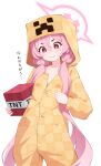  1girl absurdres adapted_costume blue_archive breasts closed_mouth collarbone commentary_request creeper cross-shaped_pupils explosive hair_between_eyes halo highres koyuki_(blue_archive) koyuki_(pajamas)_(blue_archive) long_hair long_sleeves low_twintails minecraft paid_reward_available pink_eyes pink_hair pink_halo puffy_long_sleeves puffy_sleeves shijima_(shijima_tc) simple_background small_breasts solo symbol-shaped_pupils tnt tnt_block_(minecraft) translation_request twintails very_long_hair white_background 
