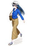  1girl absurdres bag blue_hair blue_shirt brown_bag brown_pants closed_mouth collared_shirt commentary_request flat_chest full_body grey_hat hat highres idolmaster idolmaster_(classic) keigen_hichou kisaragi_chihaya long_hair long_sleeves pants platform_sandals sandals shirt shoulder_bag simple_background solo standing walking white_background yellow_eyes 