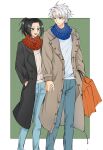 1boy 1girl aqua_eyes bag balcony black_coat black_eyes bleach bleach:_sennen_kessen-hen blue_pants blue_scarf brown_coat coat commentary corrupted_twitter_file denim english_commentary hand_in_pocket height_difference highres hitsugaya_toushirou hitsugaya_toushirou_(adult) holding holding_bag holding_hands jeans kurosaki_karin open_mouth pants ponytail scarf shopping_bag silegesi smile striped_clothes striped_scarf white_hair 