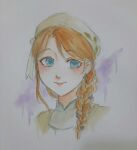  1girl blue_eyes bow braid brown_hair closed_mouth collared_shirt commentary cropped_shoulders earrings english_commentary eyelashes flower flower_earrings green_bow green_headscarf green_shirt hair_flower hair_ornament hair_over_shoulder happy hat hat_bow headscarf highres jewelry leaf_print light_blush lipstick long_hair makeup nikki_(series) nonoberry22 print_headwear purple_flower red_lips shining_nikki shirt single_braid smile solo stylist_(nikki) traditional_media 