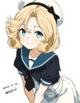  1girl absurdres bigkwl black_bow black_jacket black_necktie blonde_hair blue_eyes blue_sailor_collar blush bow buttons closed_mouth commentary cowboy_shot cropped_jacket curtained_hair dated dated_commentary double-breasted dress forehead hat hat_bow highres jacket janus_(kancolle) kantai_collection looking_at_viewer necktie one-hour_drawing_challenge parted_bangs sailor_collar short-sleeved_jacket short_hair short_sleeves simple_background smile solo twitter_username upturned_eyes v_arms wavy_hair white_background white_dress white_hat 