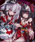  2girls amaton707 bare_shoulders black_gloves black_hair black_hat breasts cleavage closed_mouth detached_sleeves diamond_(shape) diamond_facial_mark dress facial_mark fox_mask gloves hat heart heart_facial_mark highres honkai:_star_rail honkai_(series) long_hair looking_at_viewer mark_under_both_eyes mask mask_on_head multiple_girls open_mouth red_dress short_hair short_sleeves single_glove skirt smile sparkle_(honkai:_star_rail) sparxie_(honkai:_star_rail) tongue tongue_out top_hat very_long_hair white_hair white_skirt 