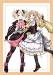  2girls alternate_costume blonde_hair blue_eyes border breasts brown_border commission cosplay costume_switch dress elise_(fire_emblem) elise_(fire_emblem)_(cosplay) fire_emblem fire_emblem_awakening fire_emblem_fates highres komayasan lissa_(fire_emblem) lissa_(fire_emblem)_(cosplay) long_hair looking_at_viewer multiple_girls open_mouth second-party_source small_breasts smile twintails white_background yellow_dress 