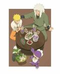  1girl 3boys blonde_hair commentary dinner facial_mark food frog_boy frog_girl fukasaku_(naruto) jiraiya_(naruto) long_hair multiple_boys naruto7077 naruto_(series) naruto_shippuuden shima_(naruto) smile teacher_and_student uzumaki_naruto white_hair 