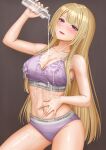  1girl arm_up assault_lily bare_arms bare_shoulders blonde_hair blunt_bangs blush bottle brand_name_imitation breasts brown_background calvin_klein cleavage clothes_writing collarbone commentary_request cowboy_shot fingernails hand_on_own_stomach hand_up highres holding holding_bottle imai_tomohiro invisible_chair large_breasts long_hair looking_at_viewer lotion lotion_bottle miyagawa_takane navel panties parted_lips pouring pouring_onto_self purple_eyes purple_panties purple_sports_bra simple_background sitting smile solo sports_bra stomach underwear underwear_only underwear_writing very_long_hair wet wet_clothes wet_hair wet_sports_bra 