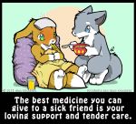  2013 ambiguous_gender anthro bedding beverage blanket blue_eyes blush bowl brown_fur canine chibi duo english_text fennec fox fur glass green_eyes grey_fur ill kemono mammal nude o-kemono orange_juice pillow soup spoon story story_in_description text thermometer white_fur wolf 