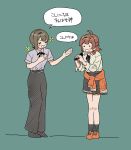  ._. 2girls :d absurdres black_pants campus_mode!!_(idolmaster) closed_eyes clothes_around_waist collared_shirt commentary_request d: dance_trainer_(gakuen_idolmaster) four-pointed_star gakuen_idolmaster green_background grey_shirt hanami_ume highres idolmaster jacket jacket_around_waist multiple_girls o_yasa_inu pants partial_commentary shirt skirt smile speech_bubble translation_request 