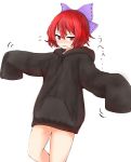  black_hoodie blush bow commentary_request cowboy_shot flying_sweatdrops hair_between_eyes hair_bow highres hood hood_down hoodie looking_at_viewer outstretched_arms oversized_clothes purple_bow red_eyes red_hair ribbon_trim sekibanki short_hair simple_background sleeves_past_fingers sleeves_past_wrists solo sweat sweatdrop touhou white_background yosususususu 