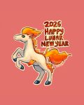  2026 artist_name chinese_new_year chinese_zodiac commentary dotted_line english_commentary english_text fire highres luthryll no_humans pokemon pokemon_(creature) ponyta rearing red_background simple_background solo white_fur year_of_the_horse 