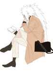  1boy book coat commentary_request facial_mark formal_clothes holding holding_book ikki1115689 jiraiya_(naruto) korean_commentary long_hair male_focus naruto_(series) reading solo spiked_hair white_hair 