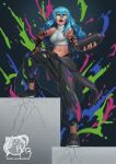  1girl arm_tattoo artist_name baggy_pants bare_shoulders belt black_background black_belt black_jacket black_pants black_shoes blue_hair breasts can clothes_around_waist commentary crack cracked_floor dark-skinned_female dark_skin english_commentary finger_tattoo graffiti guernica_(p5t) hair_between_eyes hand_on_own_knee hand_tattoo highres hip_tattoo holding holding_can jacket jacket_around_waist knee_up long_hair loose_belt medium_breasts navel open_mouth paint_on_clothes paint_splatter paintbrush pants persona persona_5 persona_5_tactica razillon red_eyes shirt shoes signature sleeveless sleeveless_shirt solo spray_can spray_paint tank_top tattoo tattoo_sleeve trim_brush twitter_username wavy_hair white_tank_top 