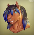  2018 anthro arzel_(character) biped black_eyebrows black_hair blue_eyes blue_hair brown_ears brown_fur ear_piercing equine eyebrows facial_piercing fur hair headshot_portrait horse long_hair looking_at_viewer male mammal multicolored_hair nose_piercing piercing portrait radiant_scar simple_background smile solo tan_background teeth two_tone_hair 