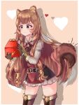  1girl absurdres animal_ear_fluff animal_ears armor armored_boots belt black_dress blunt_bangs boots border box breastplate brown_armor brown_background brown_belt brown_gloves brown_hair closed_mouth commentary cowboy_shot dress drop_shadow elbow_gloves english_commentary food gloves hands_up happy_meal heart highres holding holding_box holding_food layered_dress leather leather_armor leather_boots leather_gloves light_smile long_hair long_sleeves looking_at_object mcdonald's metal_arm_cuffs metal_hair_tubes metal_wrist_cuffs motion_lines neck_ribbon noodlenyan pinstripe_dress pinstripe_pattern raccoon_ears raccoon_girl raccoon_tail raphtalia red_dress red_eyes red_ribbon ribbon short_dress sleeveless sleeveless_dress solo standing straight_hair tail tate_no_yuusha_no_nariagari thigh_boots two-tone_dress white_border white_dress zettai_ryouiki 