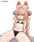  1girl @_@ animal_ear_fluff animal_ear_piercing animal_ears black_bra black_panties bow bow_panties bra braid commentary english_commentary flat_chest furry furry_female highres kurohi_drw long_hair navel open_mouth paid_reward_available panties pink_hair rabbit_ears rabbit_girl red_eyes solo teeth thick_eyebrows twin_braids underwear underwear_only uneven_eyes upper_teeth_only zenless_zone_zero zhao_(zenless_zone_zero) 