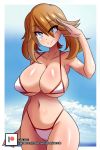  1girl absurdres bikini blue_eyes blue_sky breasts brown_hair cloud creatures_(company) curvy game_freak haruka_(pokemon) highres large_breasts nintendo pokemon salute sky smile solo swimsuit 