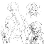  1girl bandaid bandaid_on_head beret blood blood_from_mouth blush bow bowtie braid clenched_teeth closed_eyes commentary_request crossed_bandaids facing_away from_behind greyscale hat highres holding holding_unworn_clothes holding_unworn_hat hong_meiling monochrome multiple_views pointy_ears sleeping spoken_zzz squeans teeth touhou translation_request twin_braids ukei624 unworn_hat unworn_headwear zzz 