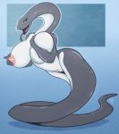  2018 anthro big_breasts breasts grey_skin holding_breast huge_breasts karakylia looking_at_viewer naga non-mammal_breasts open_mouth pussy reptile scalie snake solo tongue tongue_out white_skin yellow_eyes 