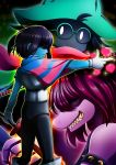  1girl 1other absurdres blue_skin capelet deltarune glasses green_hat hair_over_eyes hat heart highres holding holding_sword holding_weapon konsu_(konsu1182da) kris_(deltarune) pink_scarf pink_skin pointing profile ralsei scarf spiked_armlet standing susie_(deltarune) sword teeth weapon yellow_eyes 