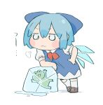  1girl :3 animal arm_rest blue_bow blue_dress blue_hair blush_stickers bow brown_shoes center-flap_bangs chibi chibi_only cirno citrus_(place) closed_mouth commentary detached_wings dot_nose dress frog frozen_frog full_body hair_bow hand_on_own_hip ice ice_block jitome leaning leaning_on_object mary_janes o_o pinafore_dress puff_of_air puffy_short_sleeves puffy_sleeves shoes short_hair short_sleeves simple_background sleeveless sleeveless_dress smile socks solo standing touhou white_background white_socks wings 