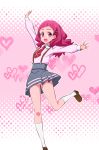  arm_up brown_footwear floating_hair gabayo grey_skirt heart hugtto!_precure kneehighs l'avenir_academy_uniform leg_up loafers long_hair long_sleeves looking_at_viewer miniskirt necktie nono_hana open_mouth outstretched_arms panties pantyshot pantyshot_(standing) pink_eyes pink_shirt pleated_skirt precure red_hair red_neckwear shirt shoes skirt solo standing standing_on_one_leg underwear white_legwear white_panties 