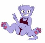  2017 3_toes 5_fingers anthro blush breasts cat clothed clothing digital_media_(artwork) dixon_zyder eyebrows feline female fur hair heart_nose hi_res katzun looking_at_viewer lying mammal pawpads paws purple_fur simple_background smile solo spread_legs spreading teeth toes underwear v_sign whiskers white_background youtube 