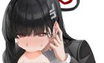  1girl black_hair black_jacket blue_archive breast_sucking breasts bright_pupils commentary gong_dol_hong hair_behind_ear hair_ornament halo hand_on_own_ear highres jacket large_areolae large_breasts long_hair long_sleeves looking_at_viewer multicolored_halo portrait puffy_nipples red_eyes ringed_eyes rio_(blue_archive) simple_background solo sucking_own_breasts sweat sweater turtleneck turtleneck_sweater two-tone_halo untranslatable_commentary white_background white_pupils 