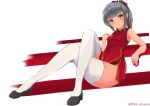  alternate_costume blush bow breasts china_dress chinese_clothes closed_mouth commentary_request dress eyebrows_visible_through_hair full_body grey_hair hair_bow highres kantai_collection looking_at_viewer ponytail red_dress shoes simple_background sitting small_breasts solo thighhighs uut white_background white_legwear yuubari_(kantai_collection) 