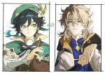  2boys albedo_(genshin_impact) androgynous aqua_eyes aqua_gem ascot belt beret black_bow black_bowtie black_hair black_hood blonde_hair blue_hair blue_shirt border bow bowtie braid brown_corset buttons cape closed_mouth collared_cape collared_shirt corset english_commentary fingernails floating_hair flower gem genshin_impact gradient_hair green_cape green_hat hair_between_eyes hand_up hat hat_flower hat_ornament highres holding holding_instrument holding_lyre hood hoodie instrument jewelry leaf_hat_ornament long_sleeves looking_at_another looking_at_viewer lyre male_focus mandarin_collar marbun multicolored_hair multiple_boys open_clothes open_hoodie outside_border pendant puffy_long_sleeves puffy_sleeves purple_belt scar shirt short_hair short_sleeves simple_background smile striped_bow striped_bowtie striped_clothes twin_braids two-sided_cape two-sided_fabric two-tone_hair upper_body venti_(genshin_impact) vision_(genshin_impact) white_ascot white_background white_border white_flower white_hoodie white_shirt yellow_cape yellow_gem 