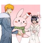  1boy 1girl black_eyes black_hair bleach blue_coat chappy coat commentary corrupted_twitter_file earmuffs english_commentary fake_antlers fur-trimmed_hood fur_trim gloves hat heart height_difference highres holding holding_stuffed_toy hood hood_down kuchiki_rukia kurosaki_ichigo orange_eyes orange_hair santa_hat scarf short_hair silegesi striped_clothes striped_scarf stuffed_animal stuffed_rabbit stuffed_toy white_gloves winter_clothes winter_coat 