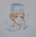  1girl bead_necklace beads blonde_hair blue_eyes braid braided_bun collar cropped_shoulders detached_collar dress earrings expressionless eyelashes fur_dress hair_beads hair_bun hair_ornament hat high_collar highres jewelry light_blush light_frown lipstick makeup necklace nikki_(series) nonoberry22 print_headwear red_lips shining_nikki short_hair sidelocks single_braid snowflake_print solo sphere_earrings stylist_(nikki) traditional_media ushanka wavy_hair white_collar white_dress white_hat 