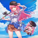  1girl :d absurdres aikawa_megumi artist_name baseball_cap beach black_hat blouse blue_jacket blue_sky blush blush_stickers breasts brown_skirt button_eyes buttons character_doll character_name chinese_commentary clothes_around_waist cloud collared_shirt commentary_request cowboy_shot day doll double_bun dress_shirt eyes_visible_through_hair fang film_grain fishing_rod floating_hair full_body green_eyes hair_between_eyes hair_bun hair_down hands_up happy_birthday hat heaven_burns_red highres holding holding_fishing_rod jacket jacket_around_waist kunimi_tama large_breasts lens_flare long_hair long_sleeves looking_at_viewer miniskirt neck_ribbon ocean open_mouth outdoors peaked_cap pink_hair plaid_clothes plaid_skirt pleated_skirt red_ribbon ribbon sail_678 school_uniform shirt skin_fang skirt sky sleeves_rolled_up smile smug solo standing sunlight teeth upper_teeth_only v-shaped_eyebrows very_long_hair white_shirt 