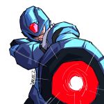  1boy aiming aiming_at_viewer arm_cannon armor blue_armor blue_eyes blue_helmet commentary cowboy_shot darent_z forehead_jewel helmet highres male_focus mega_man_(series) mega_man_x_(series) simple_background solo weapon white_background x_(mega_man) 