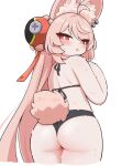  1girl animal_ear_fluff animal_ear_piercing animal_ears ass bikini black_bikini blush bright_pupils commentary cowboy_shot from_behind furry furry_female hair_ornament halterneck long_hair open_mouth pink_hair rabbit_ears rabbit_girl rabbit_tail red_eyes simple_background solo sphere_hair_ornament swimsuit tagyeokgam tail teeth upper_teeth_only very_long_hair white_background white_pupils zenless_zone_zero zhao_(zenless_zone_zero) 