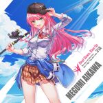  1girl :d absurdres aikawa_megumi baseball_cap beach black_hat blouse blue_jacket blue_sky blush breasts brown_skirt buttons character_name chinese_commentary clothes_around_waist cloud collared_shirt commentary_request cowboy_shot day dress_shirt drop_shadow english_text eyes_visible_through_hair fang film_grain fishing_rod floating_hair full_body green_eyes hair_between_eyes hair_down hands_up hat heaven_burns_red highres holding holding_fishing_rod jacket jacket_around_waist large_breasts lens_flare long_hair long_sleeves looking_at_viewer miniskirt neck_ribbon ocean open_mouth outdoors pink_hair plaid_clothes plaid_skirt pleated_skirt red_ribbon ribbon sail_678 school_uniform shirt skirt sky sleeves_rolled_up smile smug solo standing sunlight teeth upper_teeth_only v-shaped_eyebrows very_long_hair white_shirt 