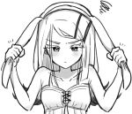  1girl animal_ear_hairband animal_ears bare_shoulders camisole closed_mouth colored_eyelashes commentary_request fake_animal_ears frown gakuen_idolmaster greyscale hairband hand_on_own_ear hashtag-only_commentary idolmaster konokekonoke lop_rabbit_ears monochrome pulling_own_ear rabbit_ear_hairband rabbit_ears shinosawa_hiro simple_background solo upper_body v-shaped_eyebrows white_background 
